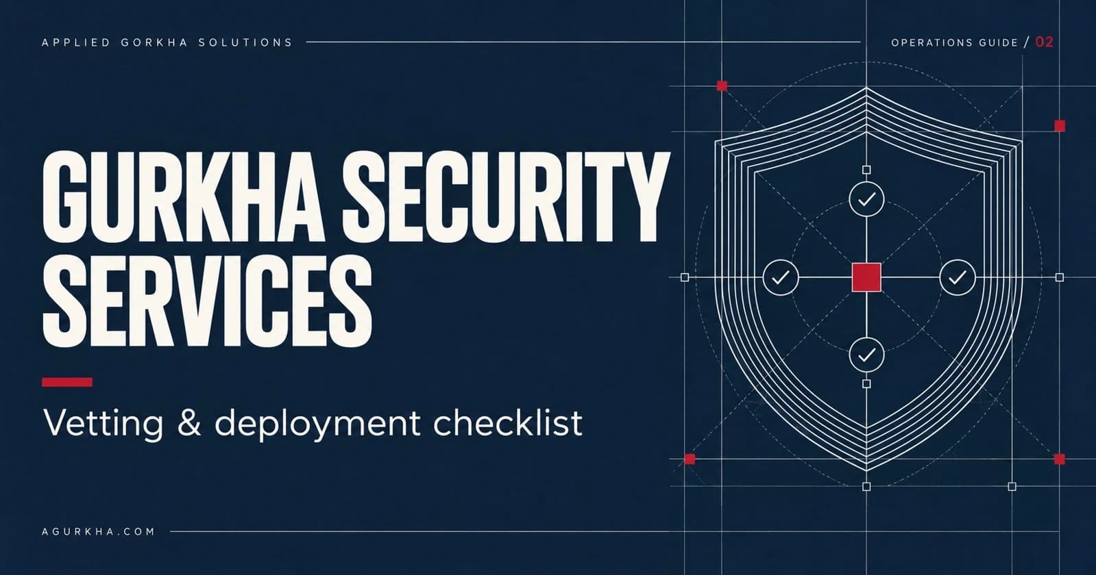 Gurkha Security Services: vetting and deployment checklist, with a geometric shield and verification marks on navy.
